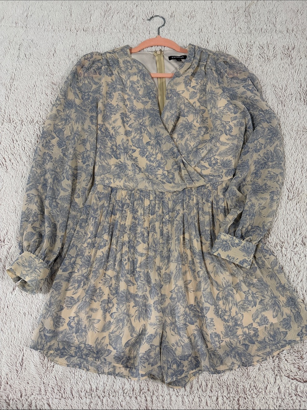 Express Blue Floral Long-Sleeve Wrap Romper Dress